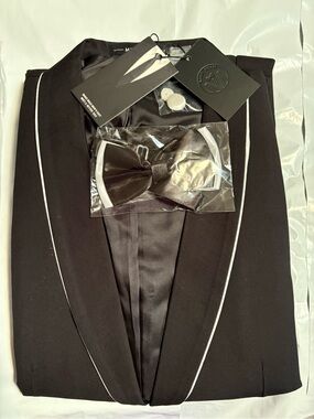Men's Black Tuxedo Jacket with White Piping and Attached Bow Tie